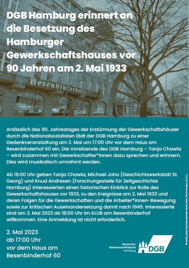 DGB Hamburg erinnert an die Besetzung des Hamburger Gewerkschaftshauses vor 90 Jahren am 2. Mai 1933