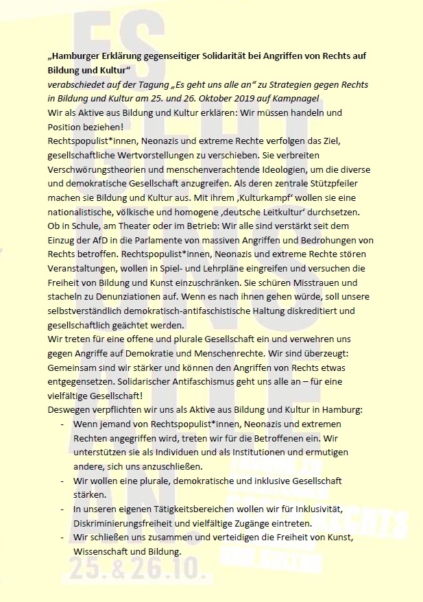  „Hamburger Erklärung gegenseitiger Solidarität bei Angriffen von Rechts auf Bildung und Kultur“