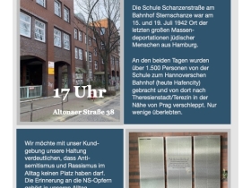 Plakat: https://www.sternschanze1942.de/kundgebung-am-19-juli-2023-17-uhr-erinnerung-an-deportationen-ueber-schule-schanzenstrasse-im-juli-1942/